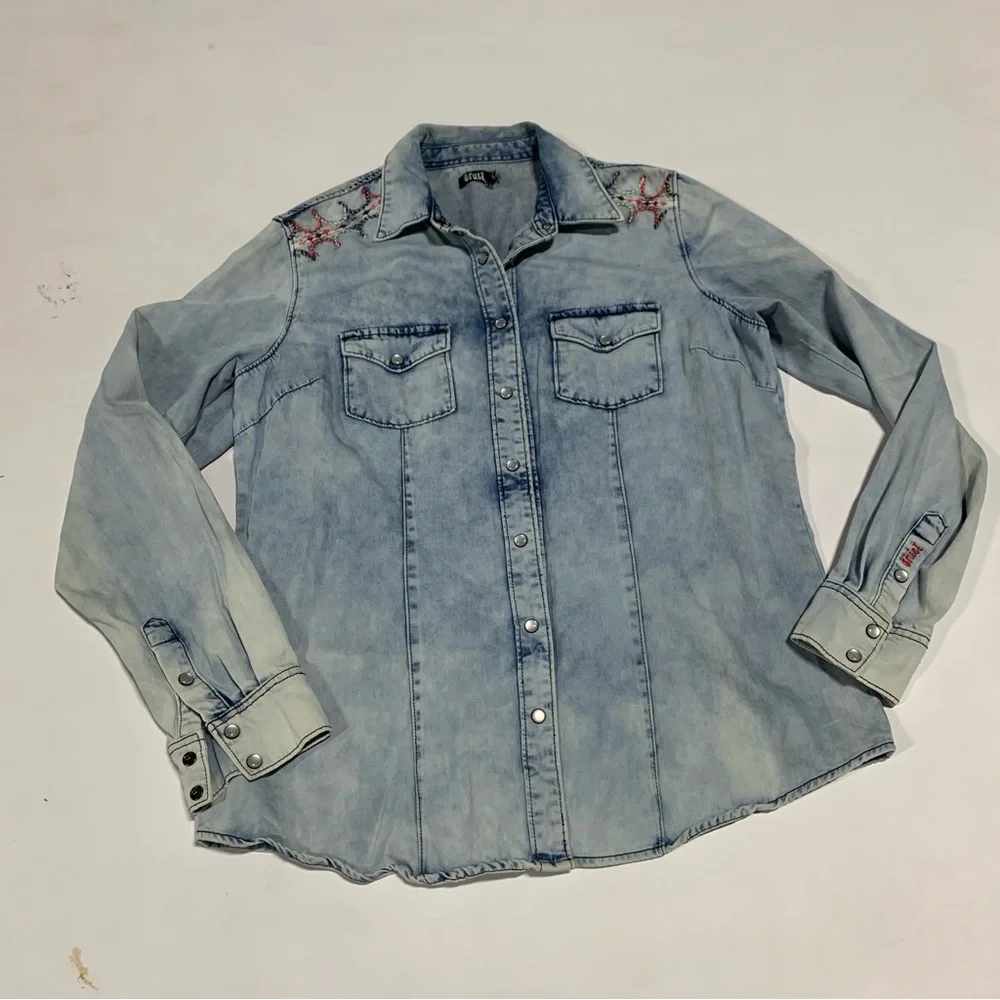 Cruel‎ XL Women Light Blue Soft Denim Western Pearl Snap Buttons 2322 Embroidery